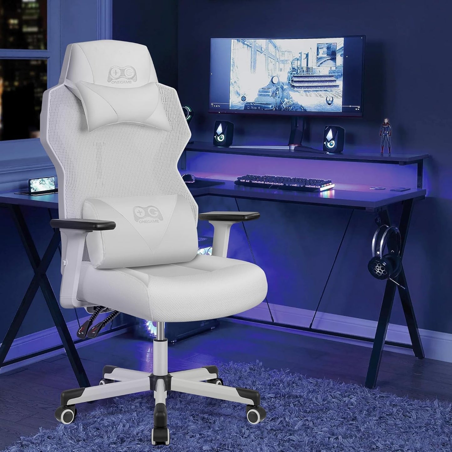 OneGame Video Gaming Chair, Breathable Swivel Chair Adjustable Backrest Ergonomic PC with Lumbar Support, White