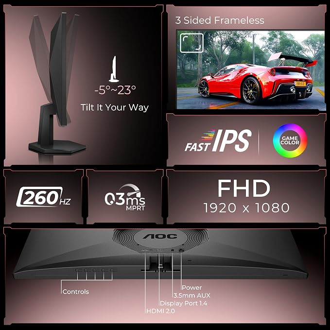 AOC GAMING 24G50Z 24-Inch Full HD 1080p, 260Hz, 0.3ms Fast IPS Gaming Monitor – Black