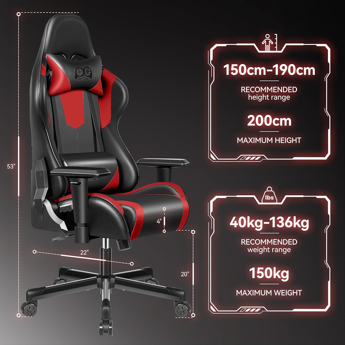 OneGame Gaming Chair, High Back Computer Leather Chair 155°Adjustable Backrest Swivel Ergonomic Office Chair with Lumbar Support, Black&Red