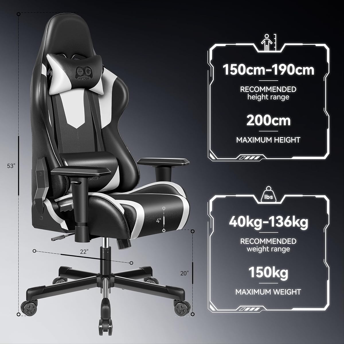 OneGame Gaming Chair, High Back Computer Leather Game Chair 155°Adjustable Backrest Swivel Ergonomic Office Gamer Chair with Lumbar Support-White&Black