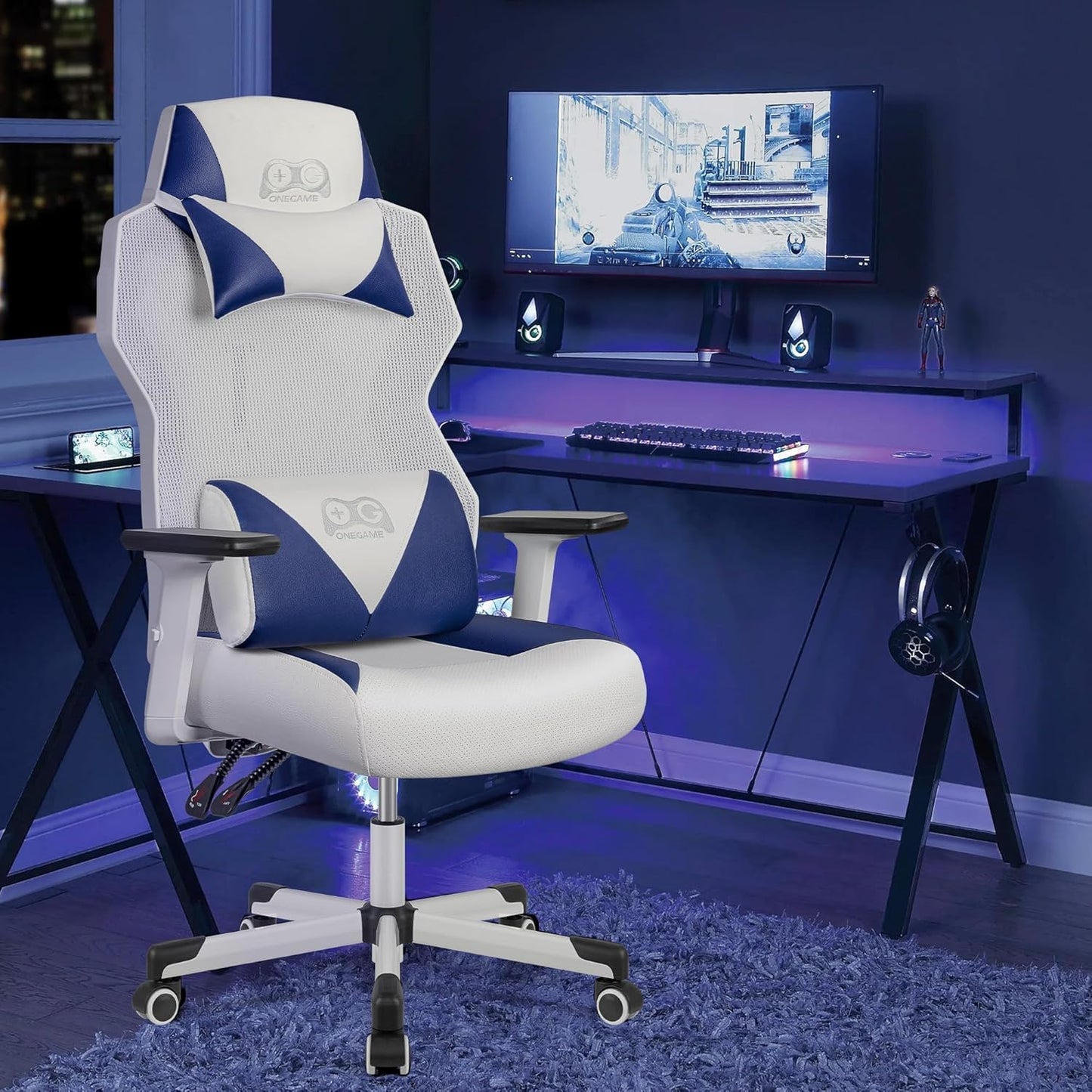 OneGame Ergonomic Gaming Chair – Racing Style PC Chair with Lumbar Support & Adjustable Backrest, White & Blue