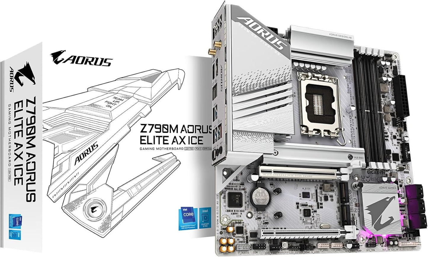 GIGABYTE Z790M AORUS Elite AX ICE LGA 1700 Intel Z790 M-ATX Motherboard with DDR5, Triple M.2, PCIe 5.0, USB 3.2 Gen2X2 Type-C, Intel Wi-Fi 6E, 2.5GbE LAN, Q-Flash Plus, EZ-Latch Plus-GC