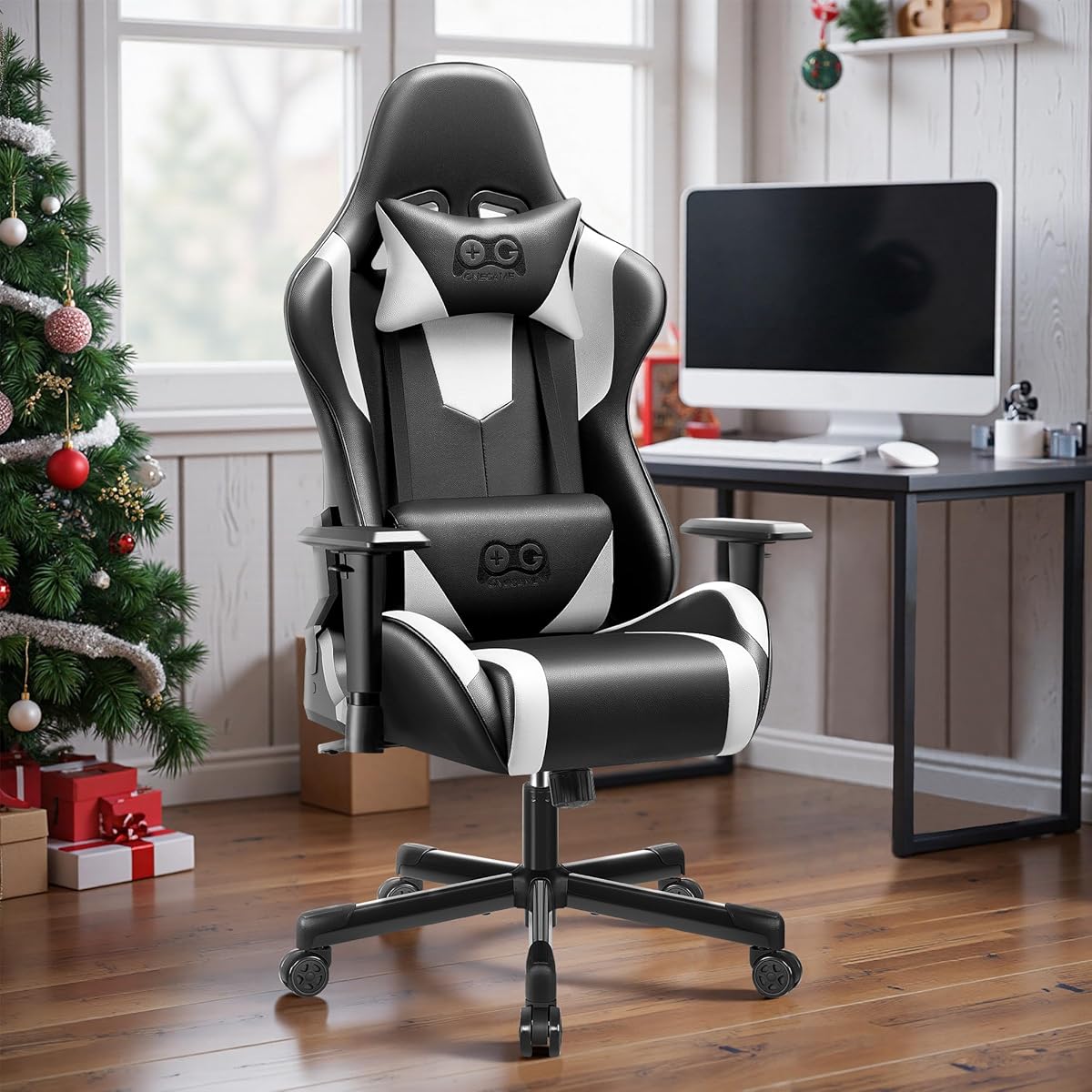 OneGame Gaming Chair, High Back Computer Leather Game Chair 155°Adjustable Backrest Swivel Ergonomic Office Gamer Chair with Lumbar Support-White&Black