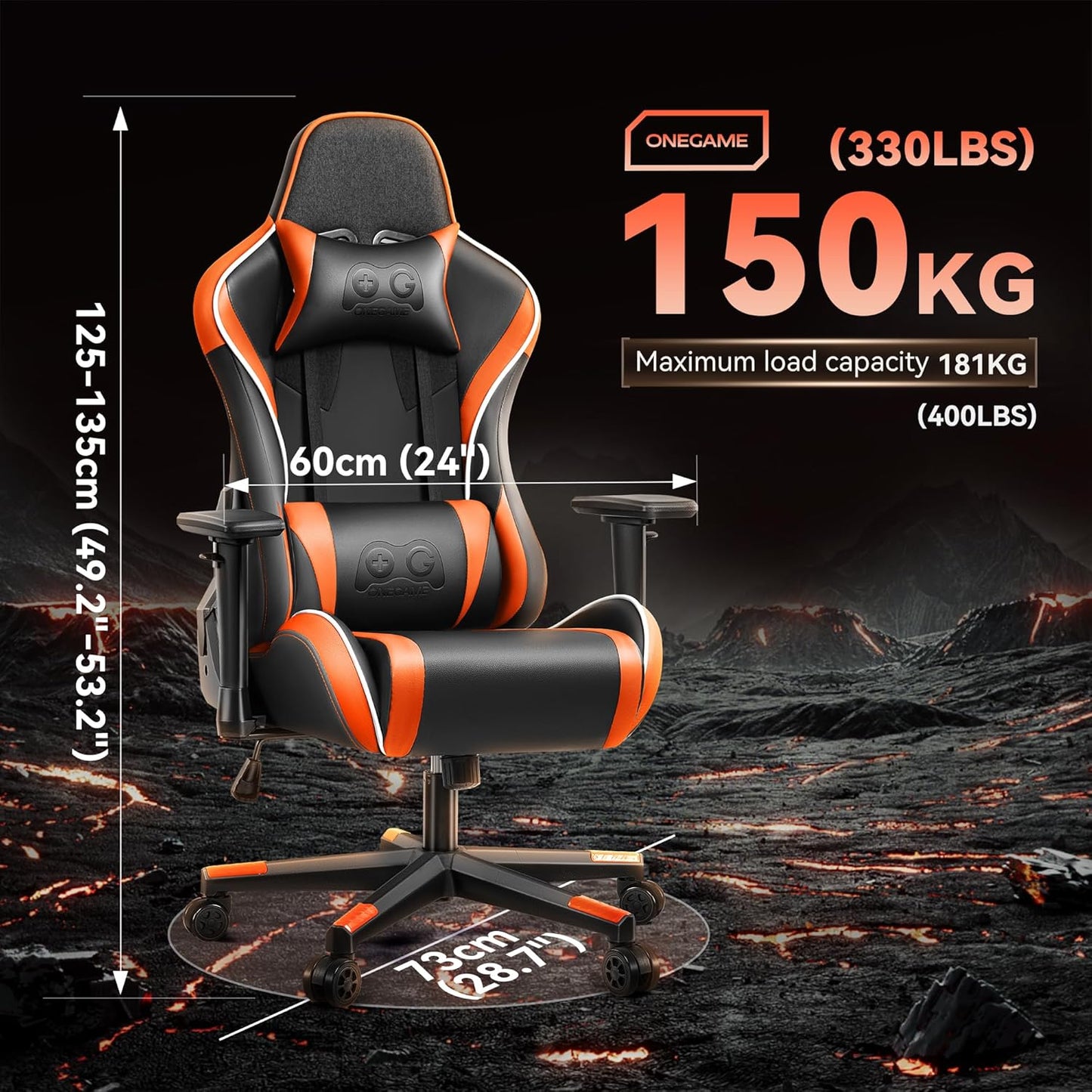 OneGame Gaming Chair, High Back Computer Leather Game Chair 155°Adjustable Backrest Swivel Ergonomic Office Gamer Chair with Lumbar Support-Orange& Black