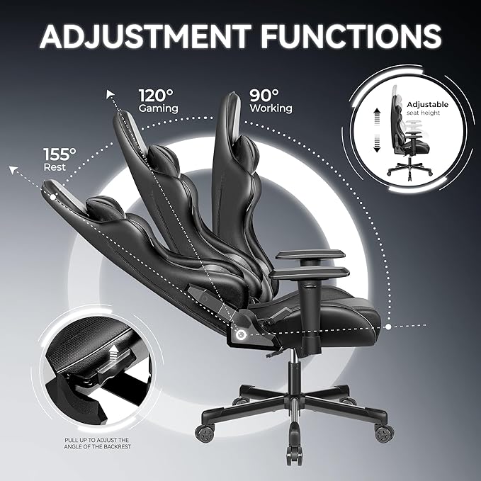 OneGame Gaming Chair Ergonomic, Racing Style PU Leather Game Chair, Adjustable Backrest Swivel Ergonomic Gamer Chair with Lumbar Support, Black