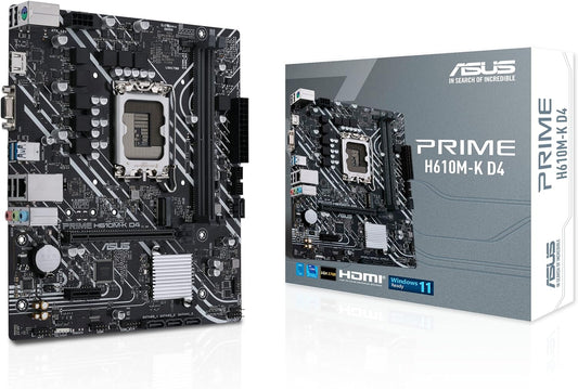 Asus Prime H610M-K D4 Mic ATX Motherboard, DDR4 Support, LGA 1700, PCIe 4.0, M.2 Slot, Realtek 1Gb Ethernet, HDMI, D-Sub, USB 3.2 Gen, SATA 6 Gbps, COM/RGB Header, 5X Protection III | 90MB1A10-M0EAY0-GC