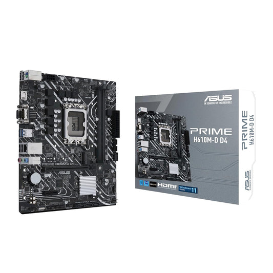 ASUS Prime H610M-D D4 Motherboard mATX, Intel H610, LGA1700, DDR4, PCI 4.0, Realtek 1Gb Ethernet, Realtek 7.1 Surround, 1xM.2, 4xSATA 6GB/s, USB 3.2 Gen 1.