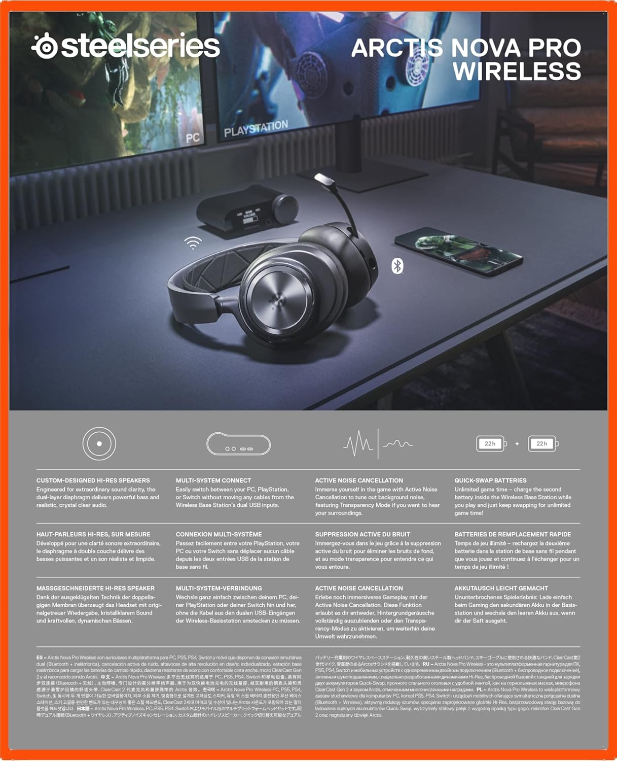 SteelSeries Arctis Nova Pro Wireless Multi-System Gaming Headset - Premium Hi-Fi Drivers - Active Noise Cancellation - Infinity Power System - Stealth Retractable Mic - PC, PS5/PS4, Switch, Mobile