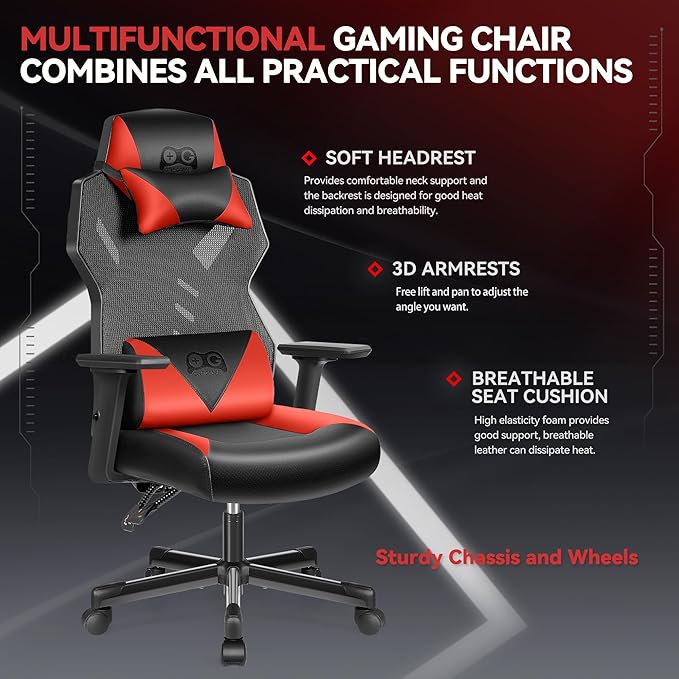 OneGame Video Gaming Chair, Breathable Computer Racing Style Swivel Chair, Adjustable Backrest, Ergonomic Gamer Desk Chair with Lumbar Support, Black Red