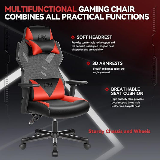 OneGame Video Gaming Chair, Breathable Computer Racing Style Swivel Chair, Adjustable Backrest, Ergonomic Gamer Desk Chair with Lumbar Support, Black Red
