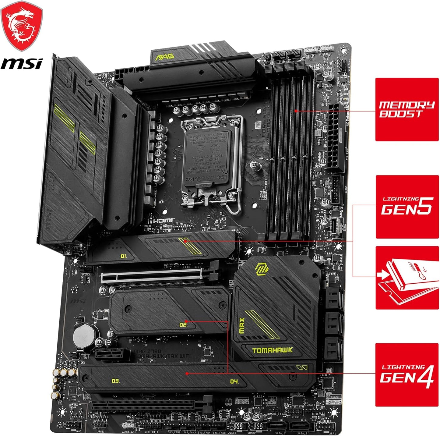 Msi MAG Z790 TOMAHAWK MAX WIFI Intel® LGA 1700 ATX Motherboard, Intel Z790 Chipset, 4x DDR5, 1x HDMI™, 2x PCI-E x16 slot, 4x M.2, 8x SATA 6G, Intel® 2.5Gbps LAN, Wi-Fi 7, Realtek® ALC4080 Codec, 4x EZ Debug LED, High Quality PCB | 911-7E25-010