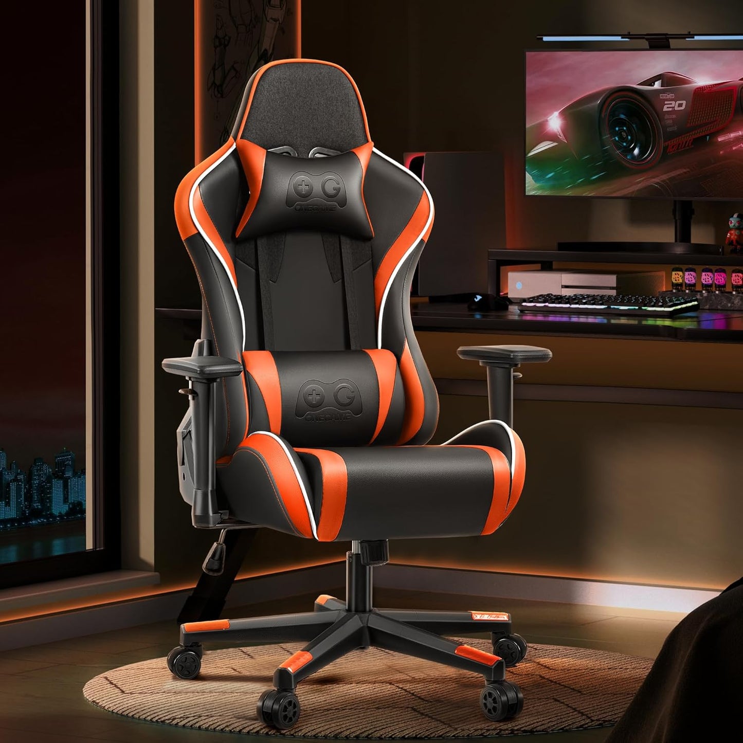 OneGame Gaming Chair, High Back Computer Leather Game Chair 155°Adjustable Backrest Swivel Ergonomic Office Gamer Chair with Lumbar Support-Orange& Black