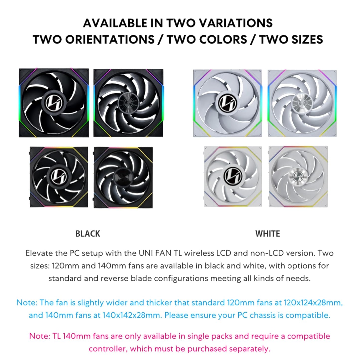 Lian Li UNI Fan TL - LCD Wireless 120 - Triple Pack - 2.4 GHz Signal for RGB & Fan Control - Infinity Mirror Design - LCD Display - Controller Included and Required - Black (12TLLCD13B)