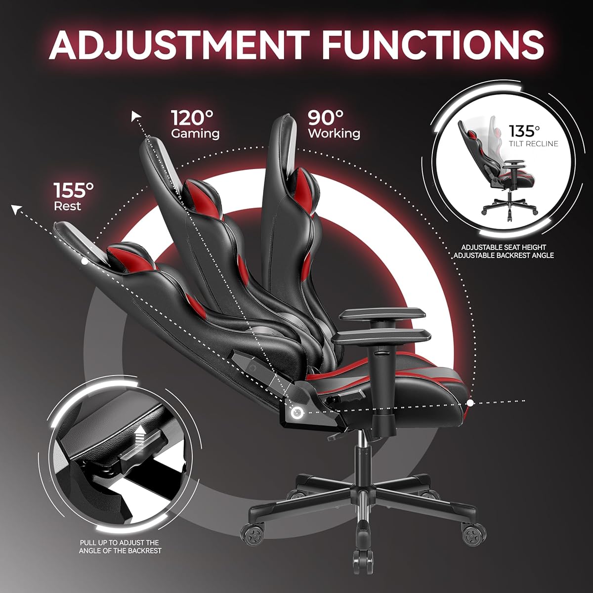 OneGame Gaming Chair, High Back Computer Leather Chair 155°Adjustable Backrest Swivel Ergonomic Office Chair with Lumbar Support, Black&Red