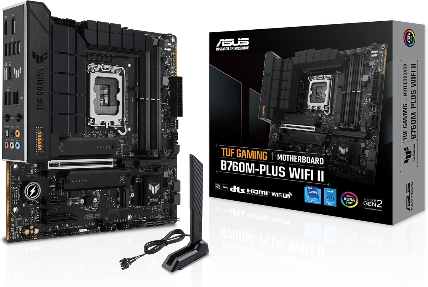 Asus TUF GAMING B760M-PLUS WIFI II DDR5 Motherboard, 4 x DIMM slots, Max. 192GB, Intel B760 Chipset, 1 x Realtek 2.5Gb Ethernet TUF LANGuard, Wi-Fi 6E, Bluetooth v5.3, PCIe 5.0 for graphics cards, Two-Way AI Noise Cancelation | 90MB1HE0