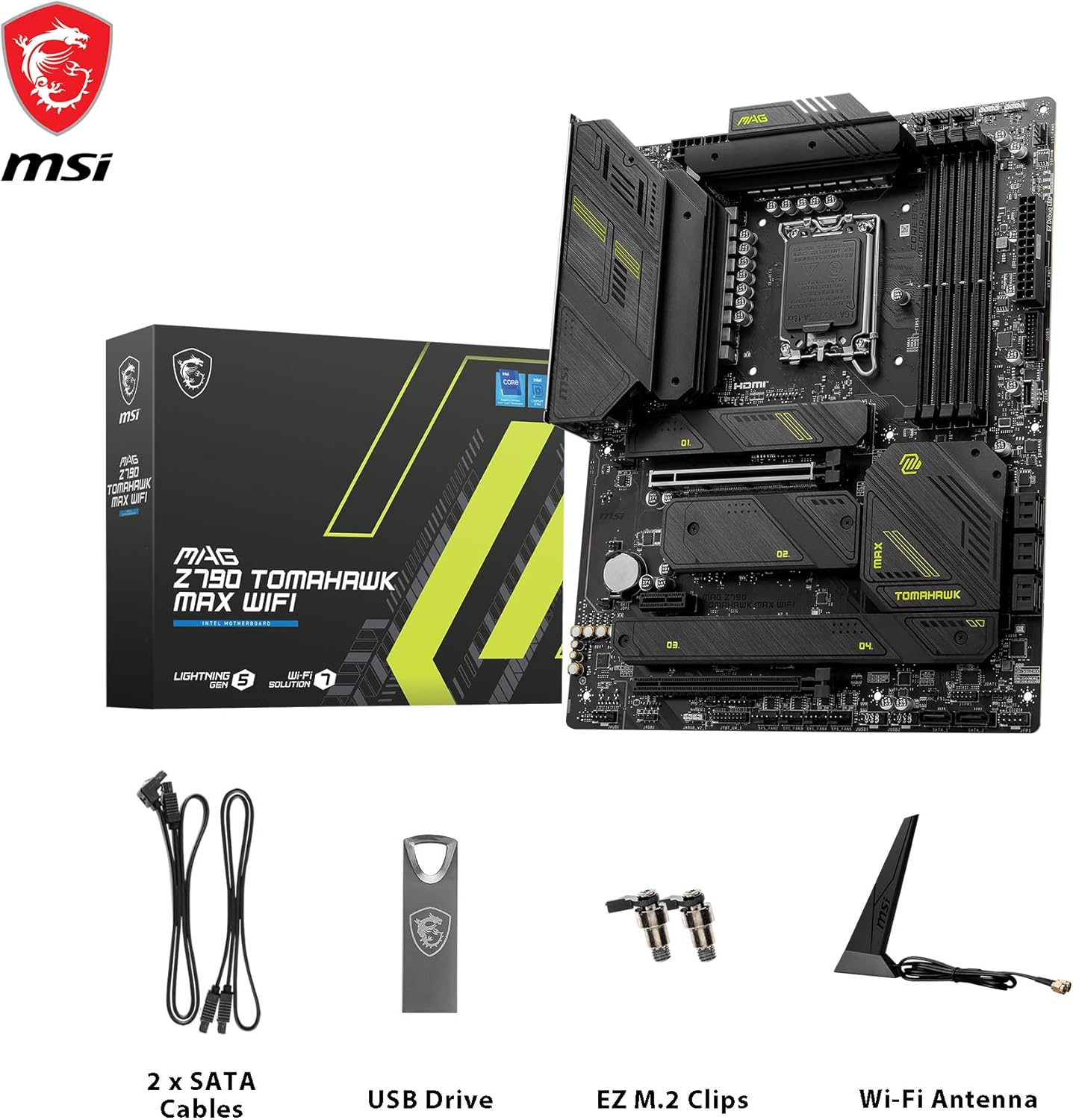 Msi MAG Z790 TOMAHAWK MAX WIFI Intel® LGA 1700 ATX Motherboard, Intel Z790 Chipset, 4x DDR5, 1x HDMI™, 2x PCI-E x16 slot, 4x M.2, 8x SATA 6G, Intel® 2.5Gbps LAN, Wi-Fi 7, Realtek® ALC4080 Codec, 4x EZ Debug LED, High Quality PCB | 911-7E25-010