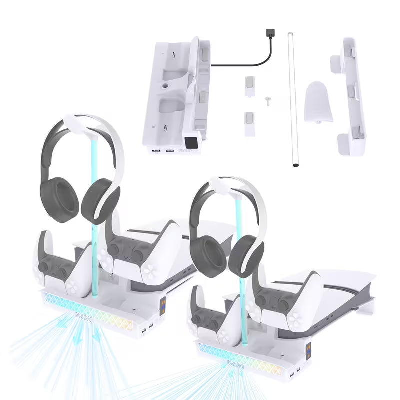 Charging Station with Dual Controller Dock – Quiet Dual-Speed Fan, RGB Lighting, Horizontal Stand & Headset Holder for PS5 Slim/Pro Cooling &  PS5 Disc & Digital Editions