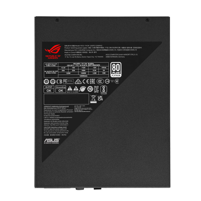 Asus Rog Thor 1200W Platinum II ATX Power Supply Unit, 80Plus Platinum Efficiency, ARGB Aura Sync, 100-240Vac AC Input Range, 1200W Total Output.