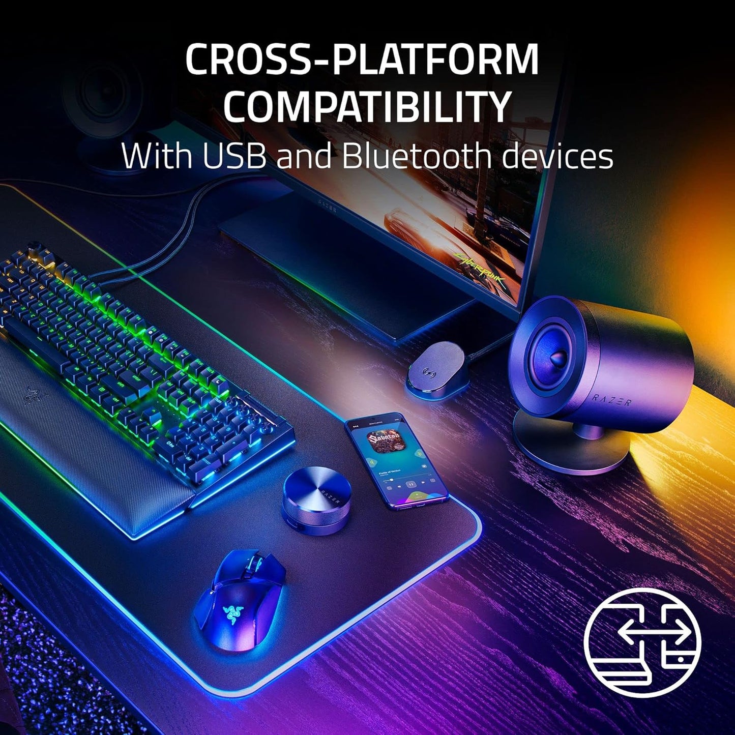 Razer Nommo V2 Pro - 2.1 PC Gaming Speakers Wireless Subwoofer: THX Spatial Audio - Projection Razer Chroma RGB - Full-Range Drivers - Wireless Down-Firing Subwoofer - Wireless Control Pod