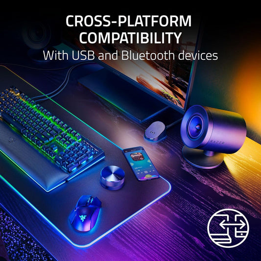 Razer Nommo V2 Pro - 2.1 PC Gaming Speakers Wireless Subwoofer: THX Spatial Audio - Projection Razer Chroma RGB - Full-Range Drivers - Wireless Down-Firing Subwoofer - Wireless Control Pod