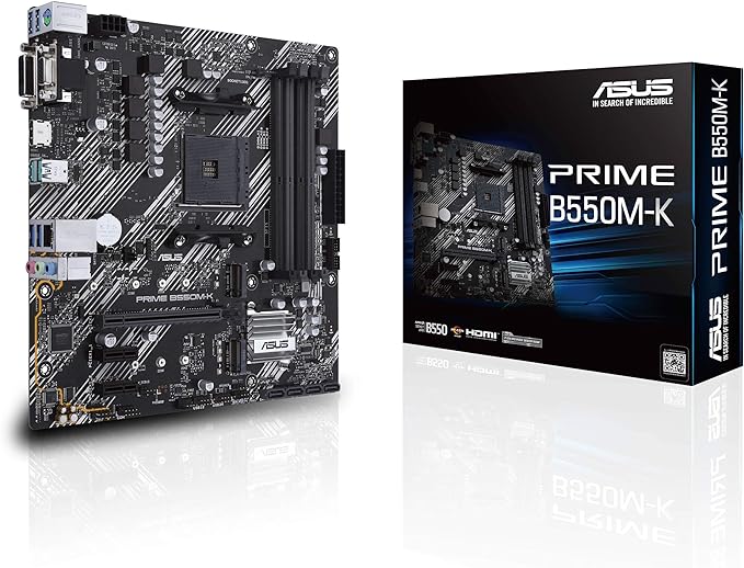 ASUS Prime B550M-K AMD AM4 Zen 3 Ryzen 5000 & 3rd Gen Ryzen Micro-ATX Motherboard (PCIe 4.0, ECC Memory, 1Gb LAN, Dual M.2, USB 3.2 Gen 2 Type-A,HDMI 2.1 4K@60Hz, DVI, D-Sub) Silver