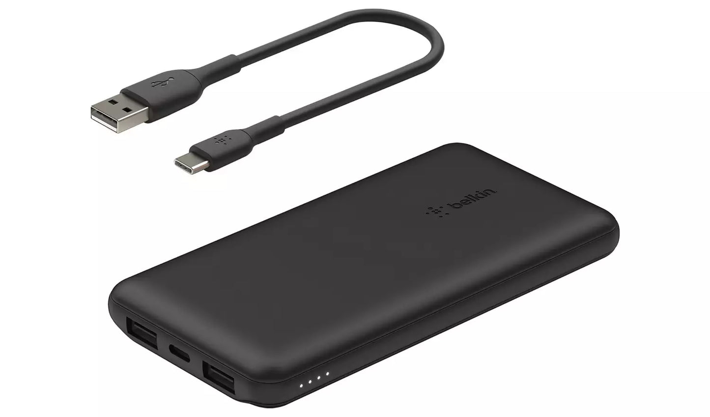 Belkin BOOST CHARGE 3-Port Power Bank 10K+ USB-A to USB-C Cable-Black