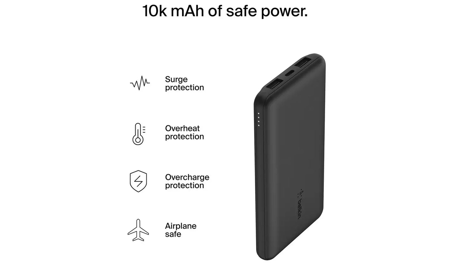 Belkin BOOST CHARGE 3-Port Power Bank 10K+ USB-A to USB-C Cable-Black