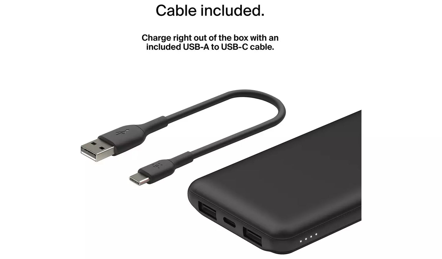 Belkin BOOST CHARGE 3-Port Power Bank 10K+ USB-A to USB-C Cable-Black