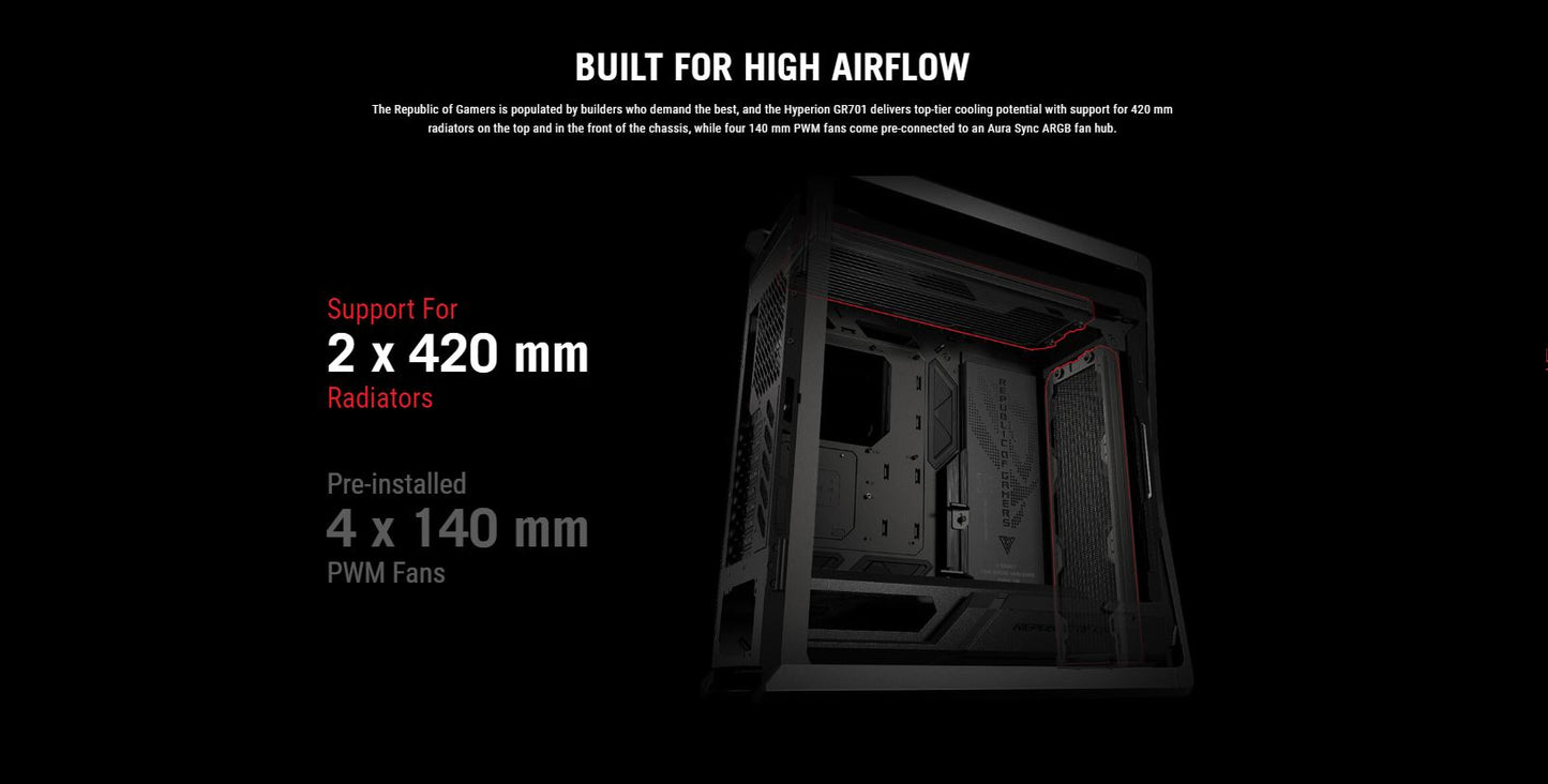 ASUS HYPERION GR701 FULL TOWER E-ATX GAMING CASE, 9 EXPANSION SLOTS, TEMPERED GLASS, UP TO 420MM RADIATOR SUPPORT, 3X 140 MM FANS (FRONT), ARGB AURA SYNC, BLACK | 90DC00F0-B39000