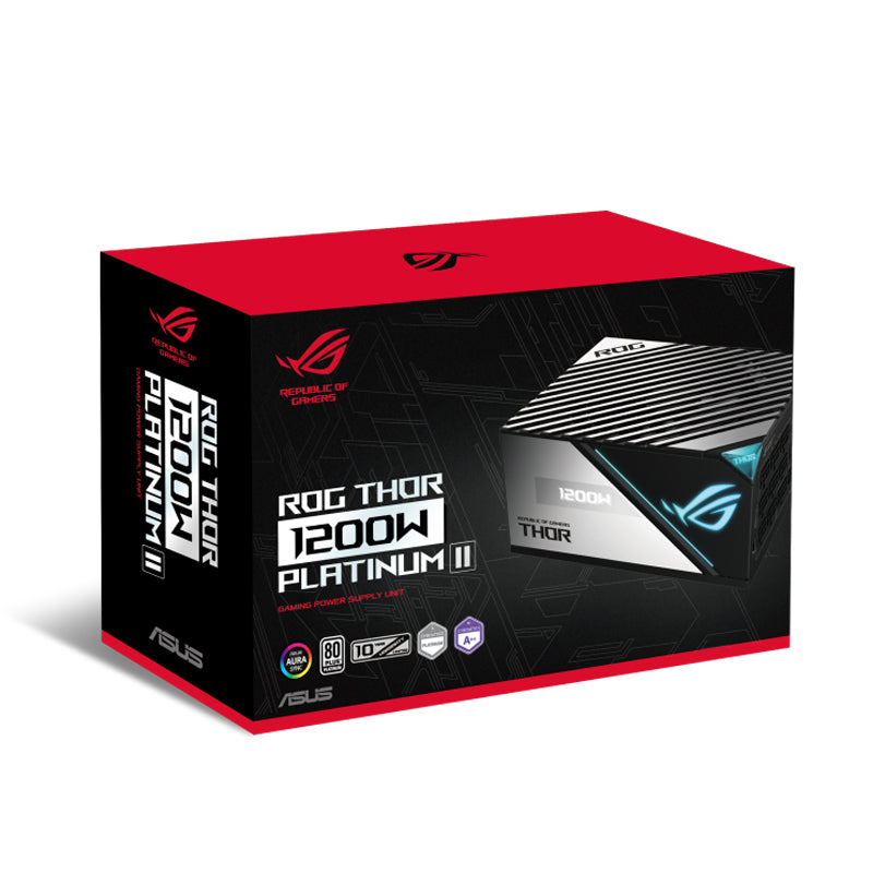 Asus Rog Thor 1200W Platinum II ATX Power Supply Unit, 80Plus Platinum Efficiency, ARGB Aura Sync, 100-240Vac AC Input Range, 1200W Total Output.