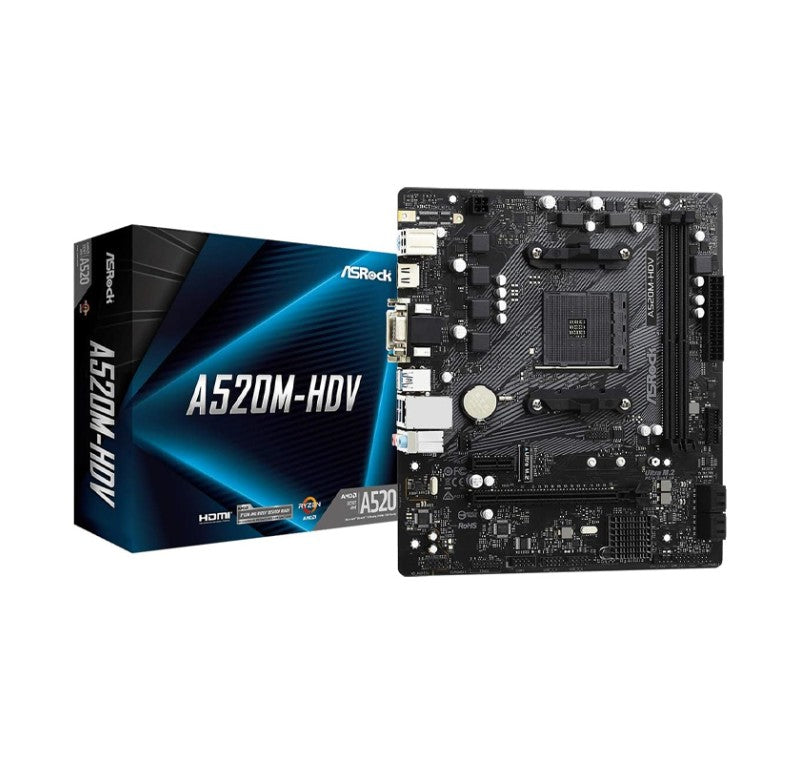 ASROCK A520M-HDV MATX AMD SOCKET AM4 MOTHERBOARD, 2 X DDR4 DIMM SLOTS, REALTEK GIGABIT LAN, 7.1 CH HD AUDIO, 64GB MAX MEMORY SUPPORT, 4X SATA 6GB/S, ULTRA M.2, BLACK