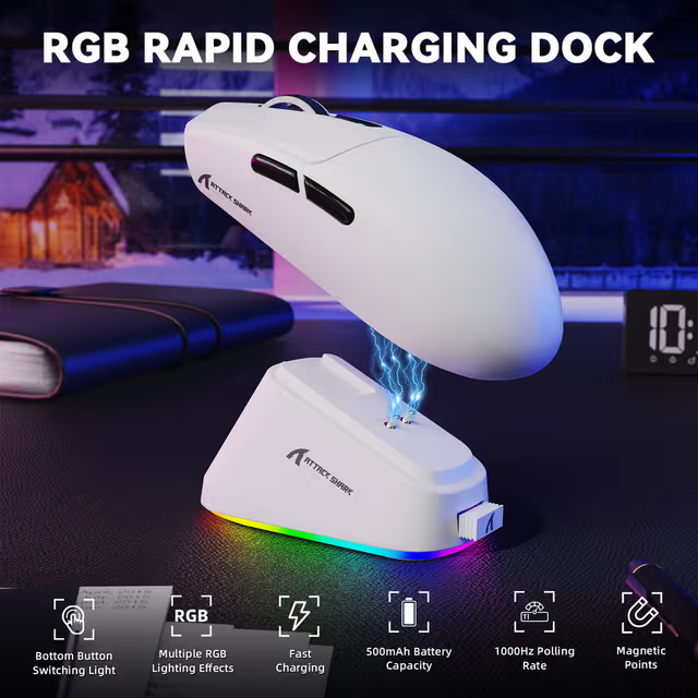 ATTACK SHARK G3 Pro Wireless Gaming Mouse with Magnetic Charging Dock, 59g Ultra-Lightweight, PAW3311 25K DPI Sensor, Omron 100M Switches, & Tri-Mode, White