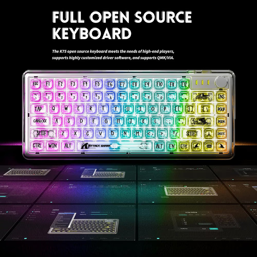 ATTACK SHARK K75 Transparent Mechanical Keyboard, Wired, TKL Gasket Mount, QMK/VIA Support, & Custom Coiled Cable, White
