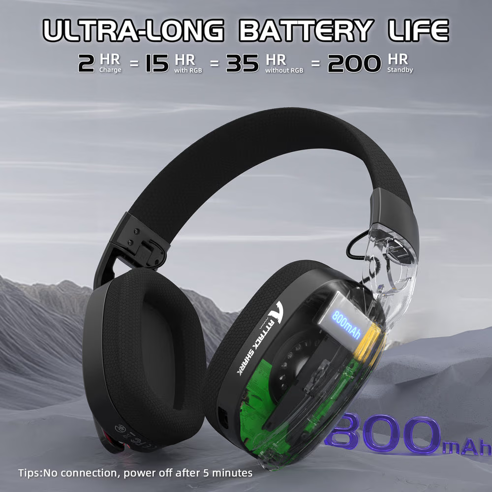ATTACK SHARK L90 Foldable Wireless Gaming Headset, Dynamic 7.1 Surround Sound, RGB Lighting, 800mAh Battery, & Tri-Mode Connectivity, Black
