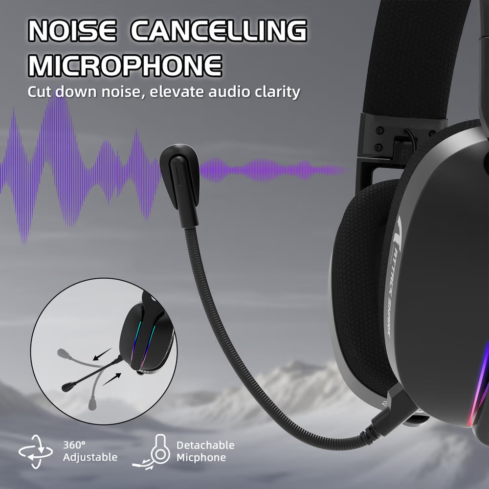 ATTACK SHARK L90 Foldable Wireless Gaming Headset, Dynamic 7.1 Surround Sound, RGB Lighting, 800mAh Battery, & Tri-Mode Connectivity, Black