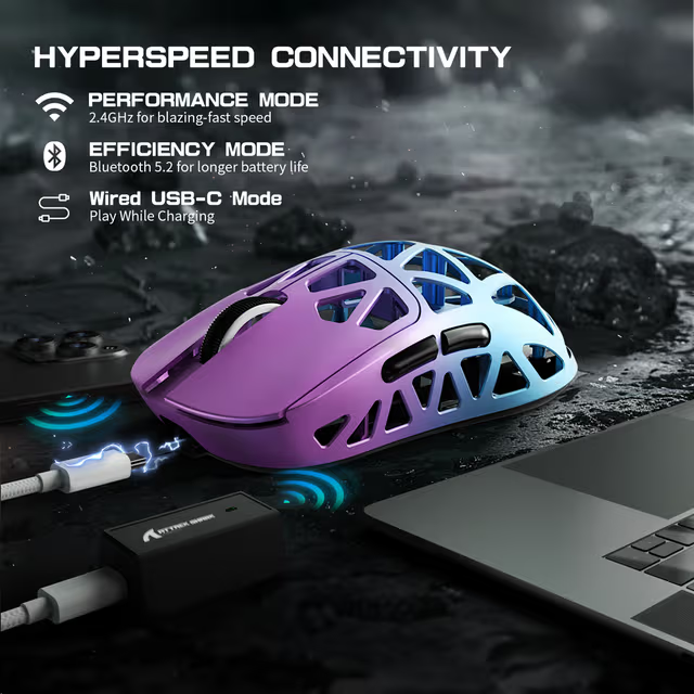 ATTACK SHARK R2 Magnesium Alloy Wireless Gaming Mouse, 45g Superlight, 8K Polling, (Not Include the Charging Dock), PAW3950 Flagship Sensor, & 42,000 DPI, Iridescent, Purple & Blue