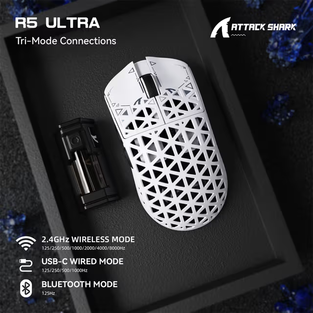 ATTACK SHARK R5 Ultra Carbon Fiber Wireless Gaming Mouse, 39g World-Class Superlight, 8K Polling, 42,000 DPI PAW3950MAX Sensor, White