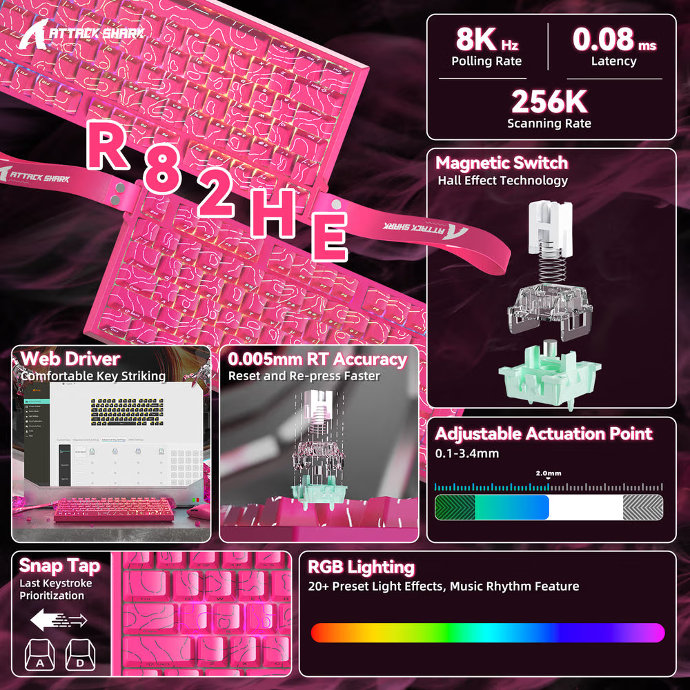 ATTACK SHARK R82 HE Magnetic Switch Gaming Keyboard, 75% Wired, 8KHz Polling, 0.005mm Rapid Trigger Accuracy, & Snap Tap Support, Pink Contours