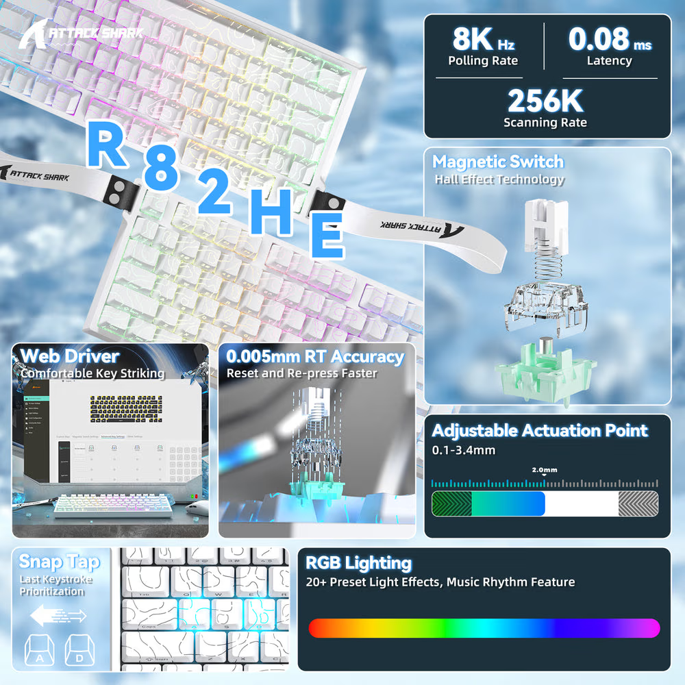 ATTACK SHARK R82 HE Magnetic Switch Gaming Keyboard, 75% Wired, 8KHz Polling, 0.005mm Rapid Trigger Accuracy, & Snap Tap Support, White Contours