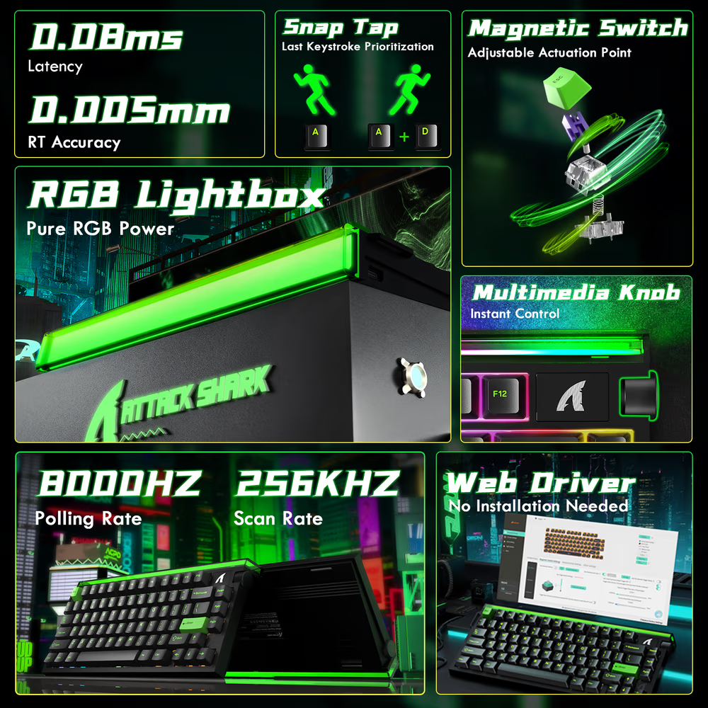 ATTACK SHARK R85 HE Magnetic Switch Gaming Keyboard, 75% Wired, 8KHz Polling, 0.005mm Rapid Trigger Accuracy, & Custom RGB Lightbox, Black