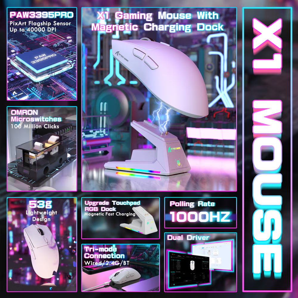 ATTACK SHARK X1 Wireless Gaming Mouse with Touchpad RGB Charging Dock, 53g Ultra-Light, 40K DPI PAW3395PRO Sensor, & 100M Omron Switches, White