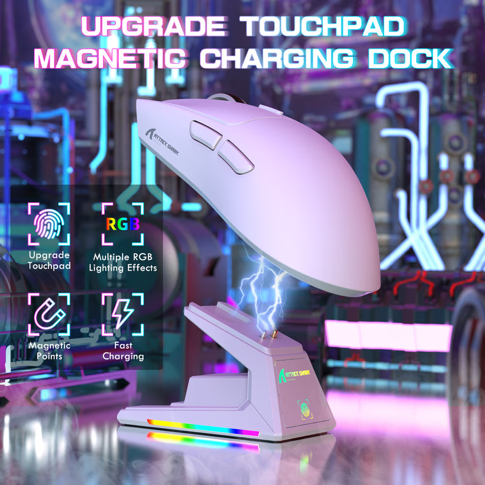 ATTACK SHARK X1 Wireless Gaming Mouse with Touchpad RGB Charging Dock, 53g Ultra-Light, 40K DPI PAW3395PRO Sensor, & 100M Omron Switches, White