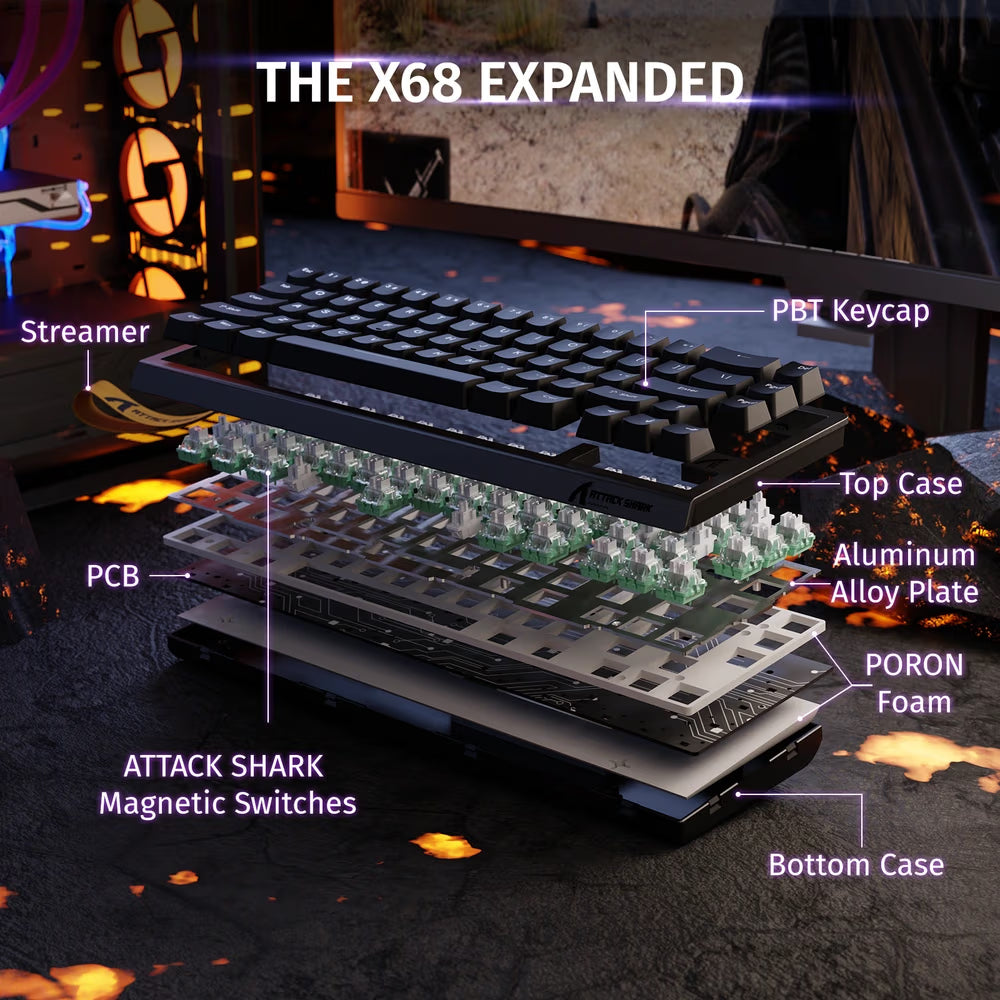 ATTACK SHARK X68 HE Magnetic Switch Gaming Keyboard, 66 Keys Compact Layout, 8000Hz Polling Rate, 0.01mm Rapid Trigger, Tri-Mode RGB, Black | X68 HE