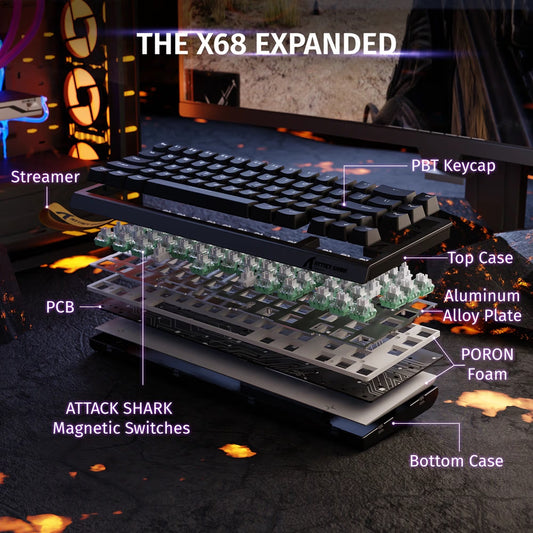 ATTACK SHARK X68 HE Magnetic Switch Gaming Keyboard, 66 Keys Compact Layout, 8000Hz Polling Rate, 0.01mm Rapid Trigger, Tri-Mode RGB, Black | X68 HE Games Corner 