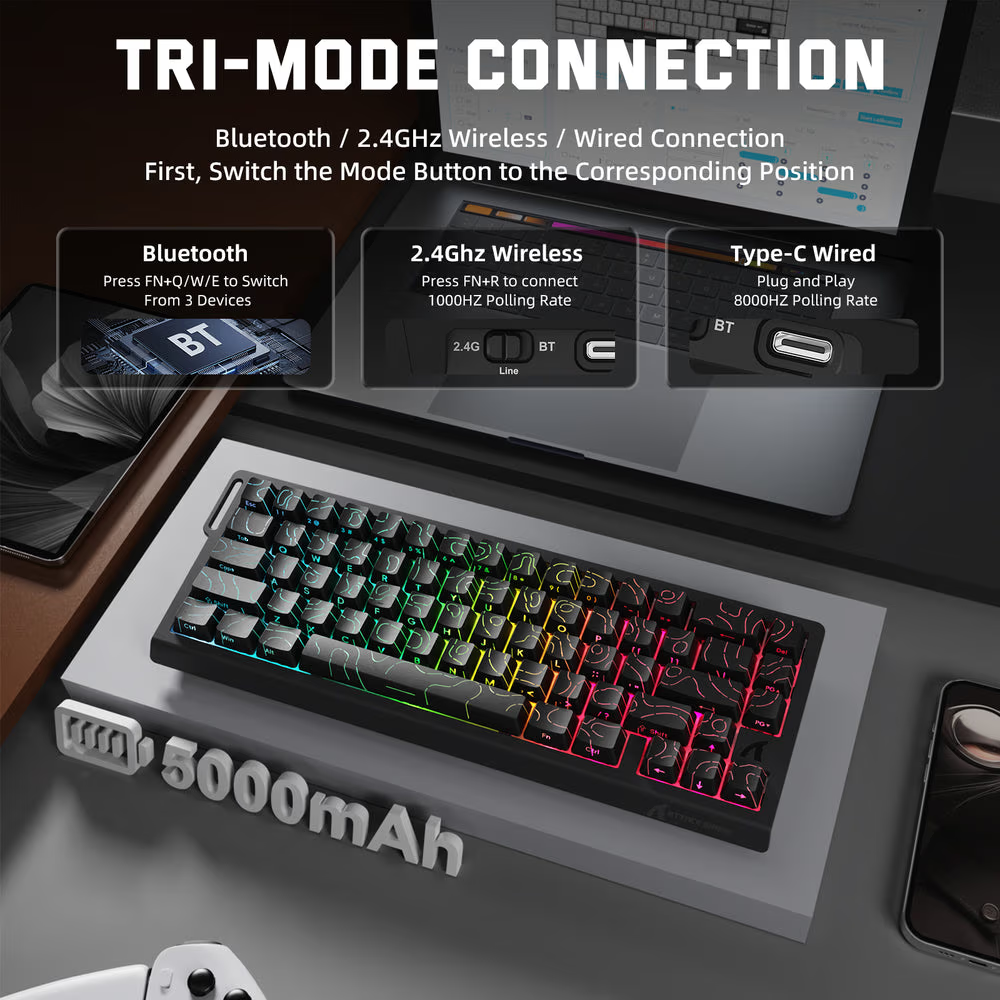 ATTACK SHARK X68 PRO HE Wireless Magnetic Gaming Keyboard, 60% Ultra-Compact Tri-Mode, 8KHz Polling, & 0.01mm Rapid Trigger, Black Contour Line