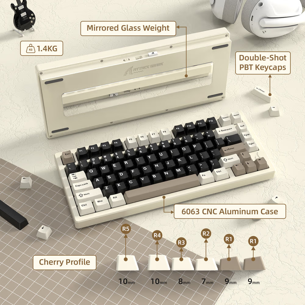 ATTACK SHARK X75 Full Aluminum Wireless Mechanical Keyboard, 75% CNC Aluminum, Kailh Cheese White Switches, & 10000mAh Battery, White