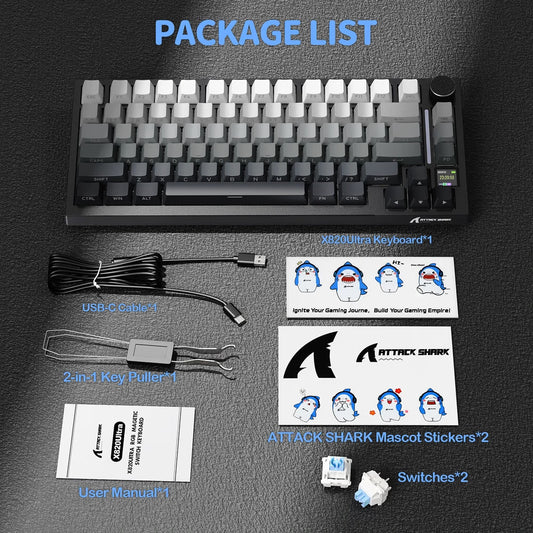 ATTACK SHARK X820 Ultra RGB Tri-Mode Gasket MOON LIGHT Mechanical Keyboard, 75% Compact Layout, Smart Display & Knob, Gift Switches, Hot-Swappable Games Corner 