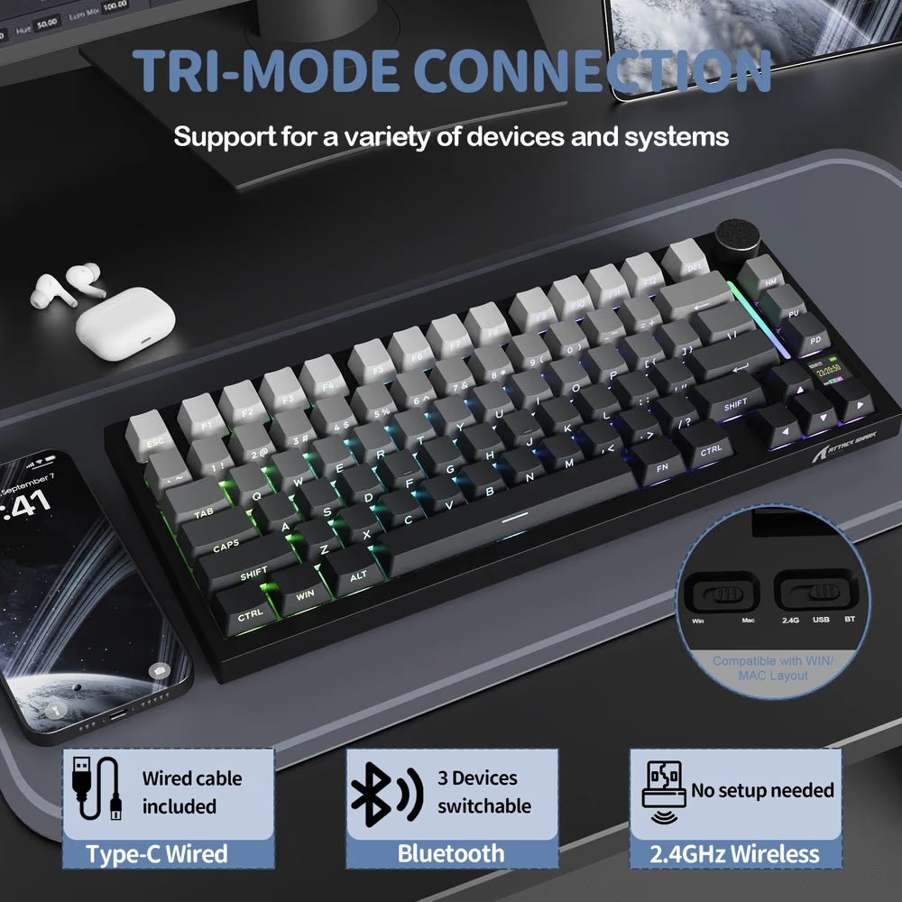 ATTACK SHARK X820 Ultra RGB Tri-Mode Gasket MOON LIGHT Mechanical Keyboard, 75% Compact Layout, Smart Display & Knob, Gift Switches, Hot-Swappable