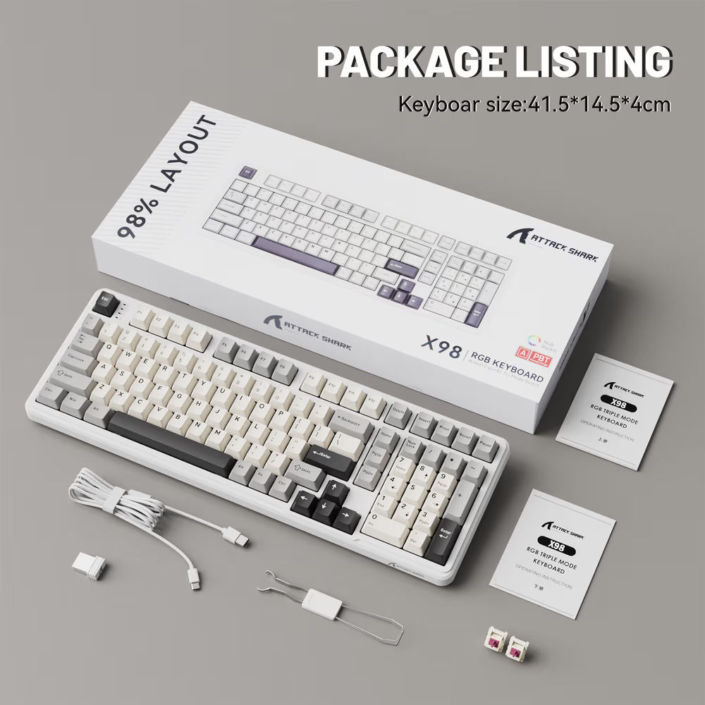 ATTACK SHARK X98 Wireless Mechanical Keyboard – 102-Key Full-Size Layout, Gasket-Mount, Tri-mode, Pre-Lubed Strawberry Switches, White