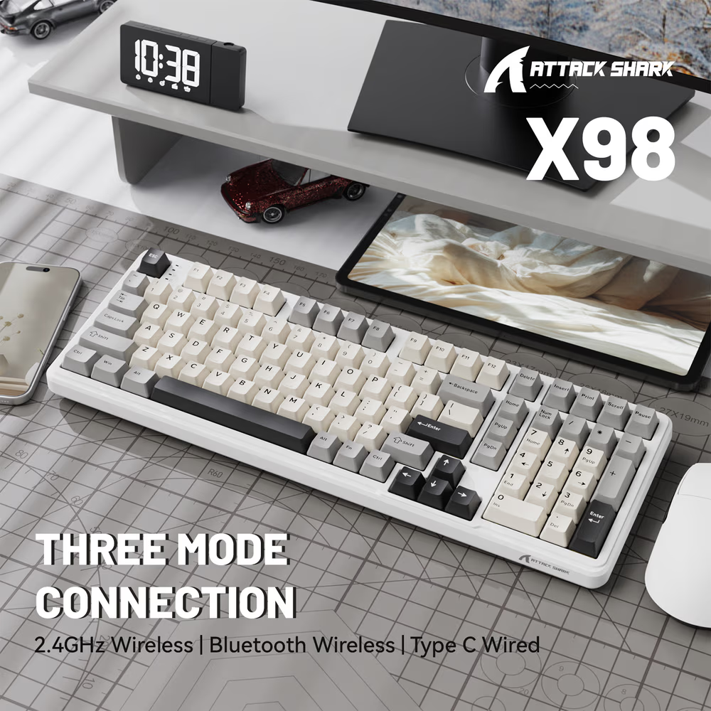 ATTACK SHARK X98 Wireless Mechanical Keyboard – 102-Key Full-Size Layout, Gasket-Mount, Tri-mode, Pre-Lubed Strawberry Switches, White